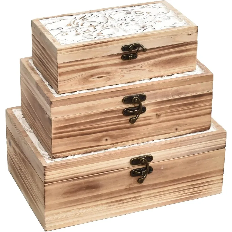 Wooden Box Set of 3 - Rustic Farmhouse Decorative Boxes with Hinged Lid and Carved Design