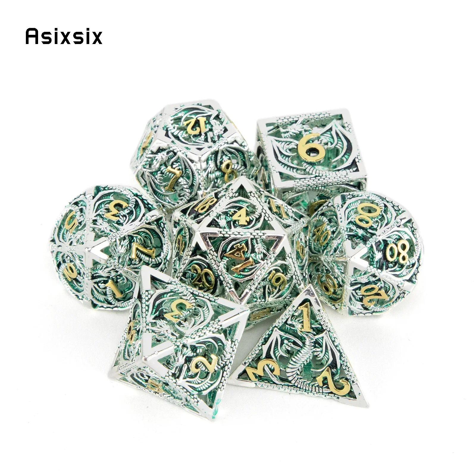

7 Pcs Silver Green Dragon Metal Dice Hollow Metal Polyhedral Dice Set Suitable for Role-Playing RPG Board Game Gift