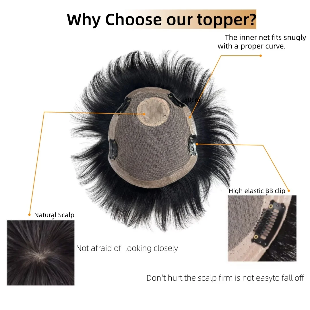 Rambut palsu pendek alami untuk pria, gaya rambut toupee hitam, rambut manusia, topper untuk pria, ekstensi rambut jepit untuk kebotakan dan kerontokan rambut