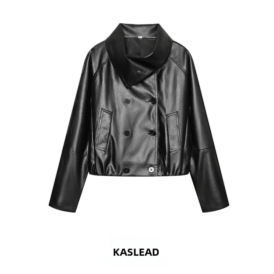 KASLEAD New Women's Fashion Retro Motorcycle Leather Jacket Short Sleeve Double Breasted Polyester Fiber 100% Autumn Season