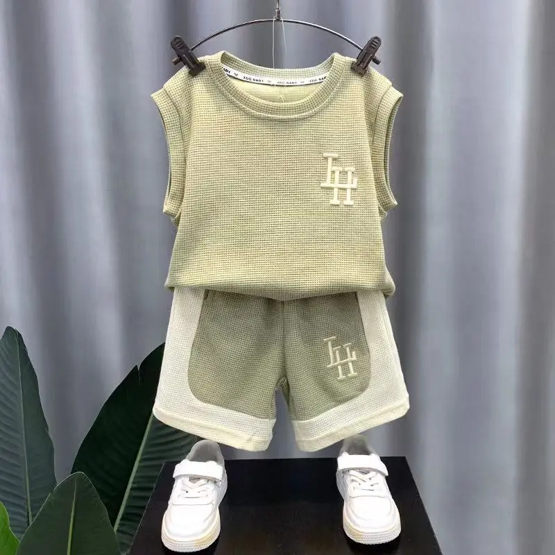 Kids Boys Summer Tank Top Set 2023 New Fashionable Baby Sleeveless Clothing For Childrens Cool And Handsome Clothing