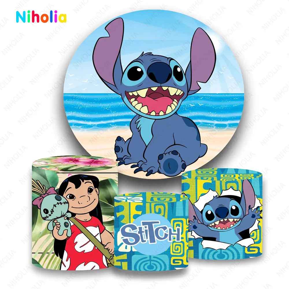 

Lilo & Stitch Backdrop Circle Decor Kids Girl 1st Birthday Party Photography Background Disney Baby Show Cylinder Cover Props