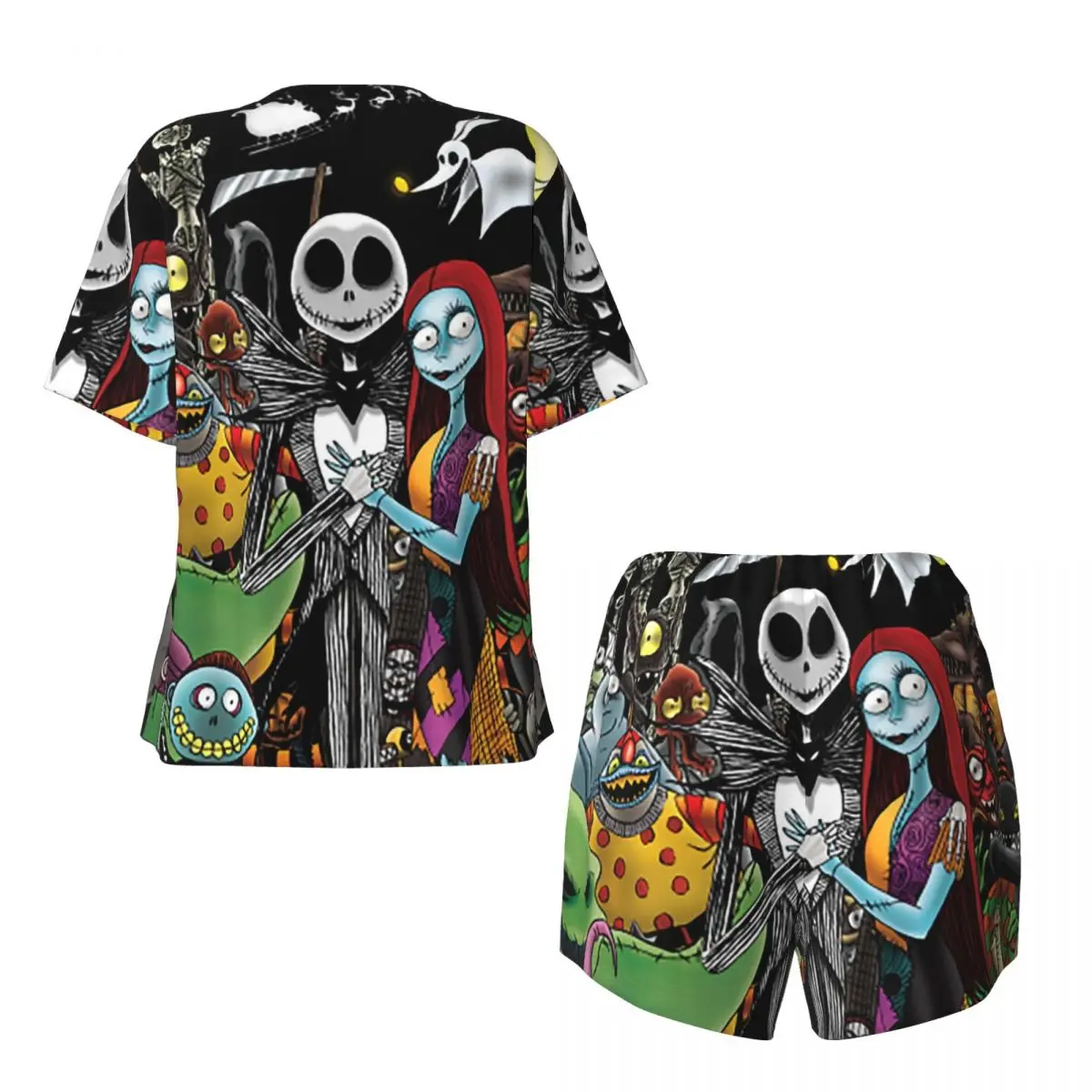 Women's Horror Movie Tim Burton Christmas Pajamas Set Custom Print Short Sleeve Halloween Skull Jack Sleepwear 2 Piece Sets
