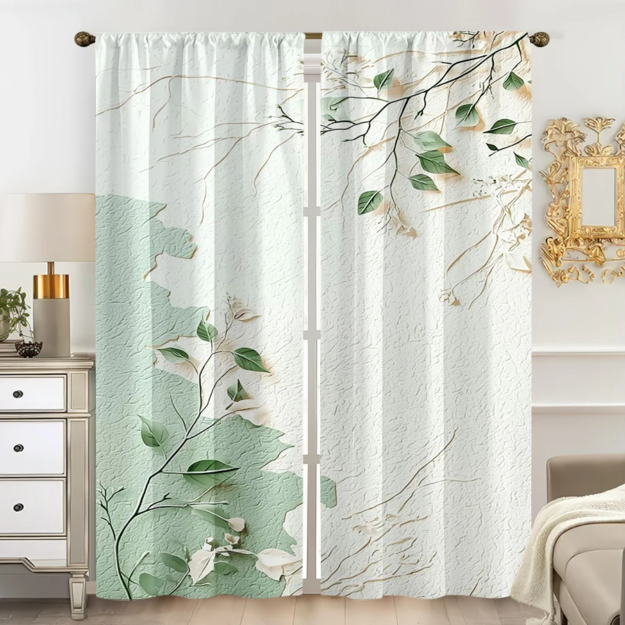 2PCS, Multicolor, Textured Branch and Leaf Print Curtains, for Bedroom and Living Room, Rod Pocket Style