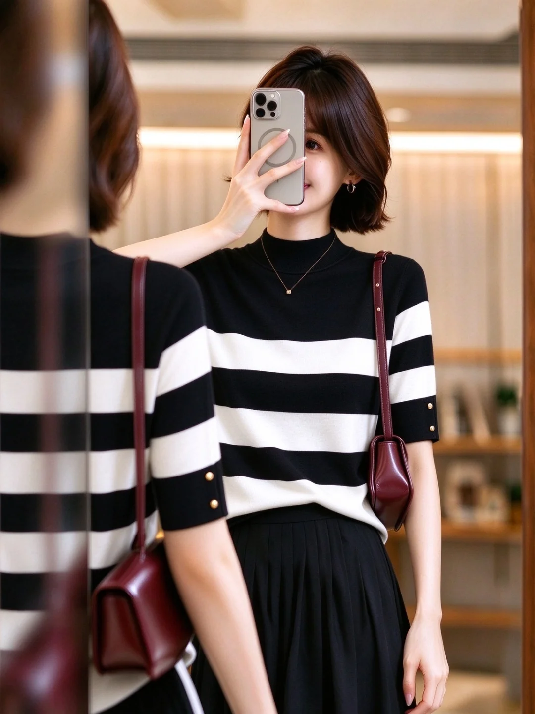 Fashionable Stripe Knit Top Women's Short Sleeve Color Block Luxury Sensation Korean Style Straight Cut Soft Material Autumn ...
