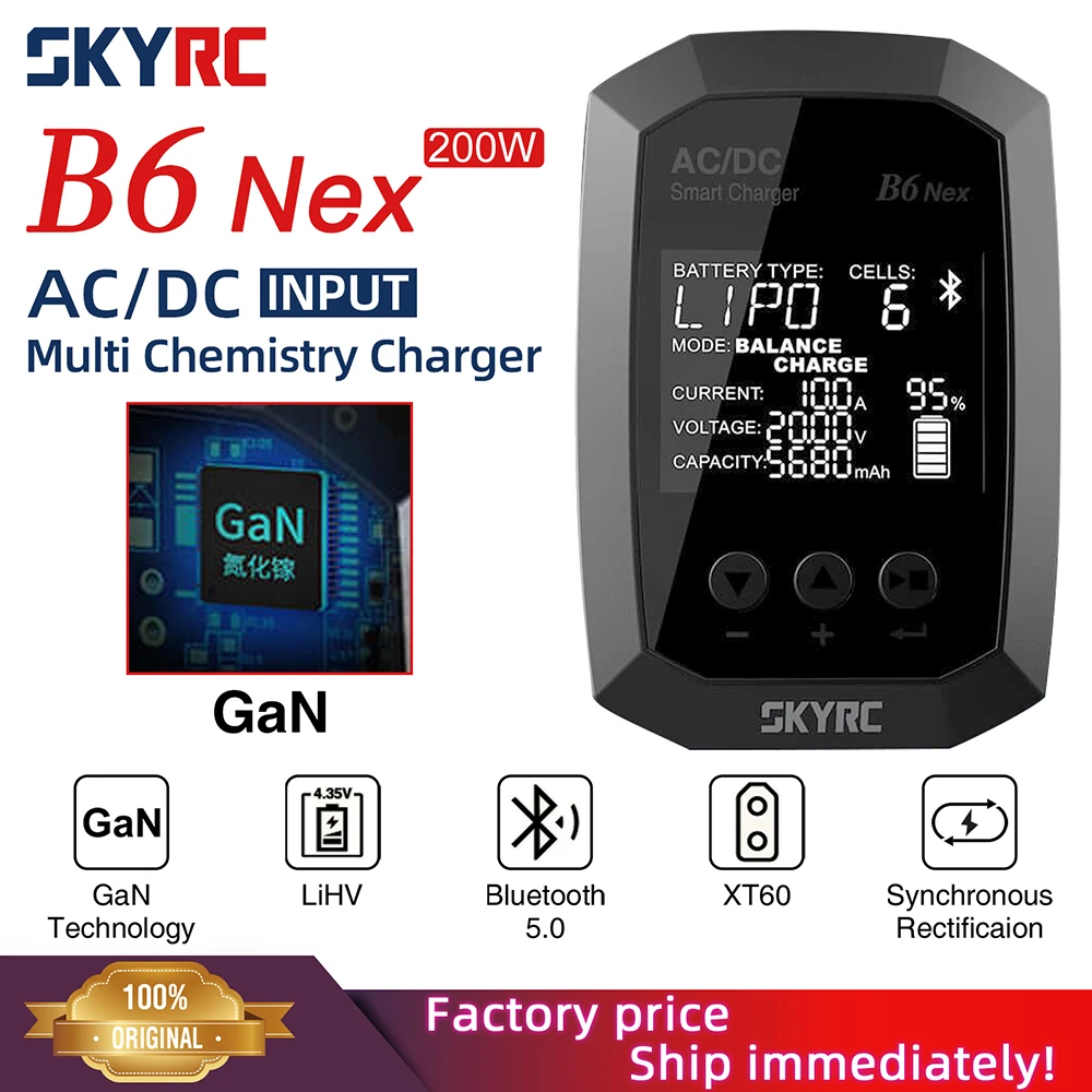 

New SKYRC B6 Nex AC 50W DC 200W 10A Dual Power GaN 5.0 Bluetoot APP Battery Charger for LiPo 1-6s Li-Ion LiHV LiFe NiMH Battery