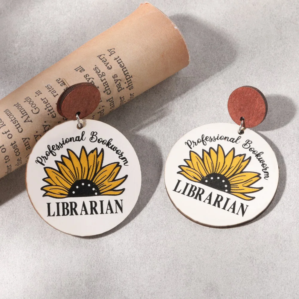 A pair of European and American earrings school teacher librarian principal earrings sunflower wooden colored letters