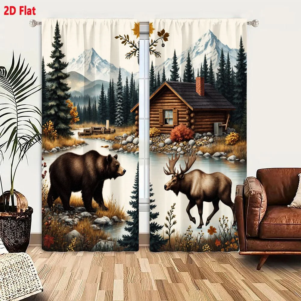 2Pcs Curtains 2D Flat Autumn Wilderness Scene With Brown Bear Moose Stream Log Cabin Snow Capped Mountains And Evergreen Forests