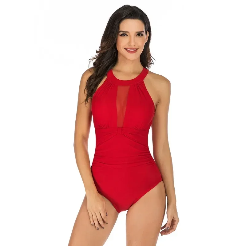 Women Summer Halter Swimsuit Back Hollow Out One-Piece Suits Solid Color Mesh Body Suits Tankini Sexy Slim Beachwear New Fashion