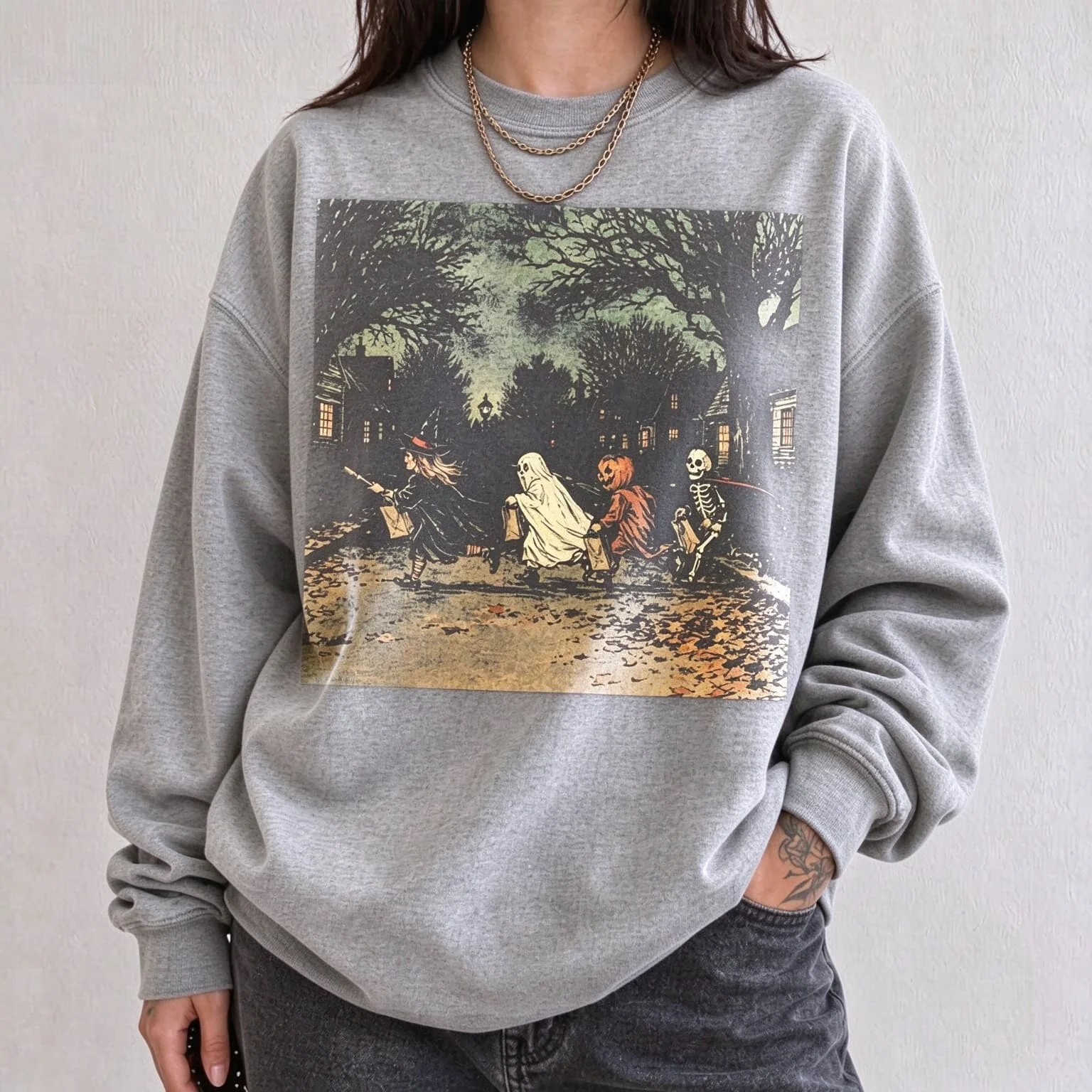 Vintage Halloween Parade Crew Neck Sweatshirt Witch Ghost Skeleton Pumpkin Graphic Pullover Casual Spooky Season Unisex Tops