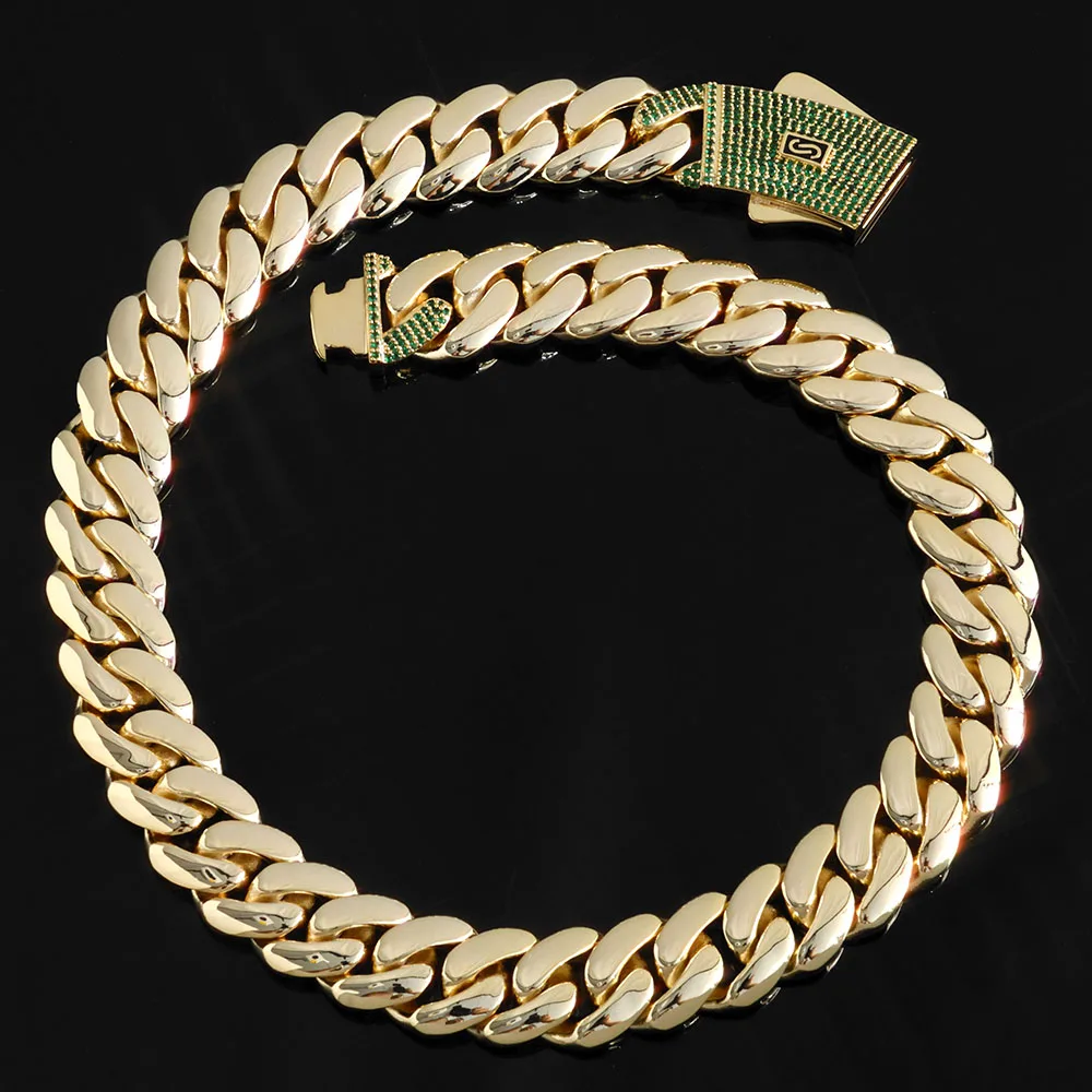 

NY Hiphop Jewelry 12/15MM Monaco Chain 14K Gold Plated with Green CZ Clasp Thick Cuban Link Chain Necklace for Men Women