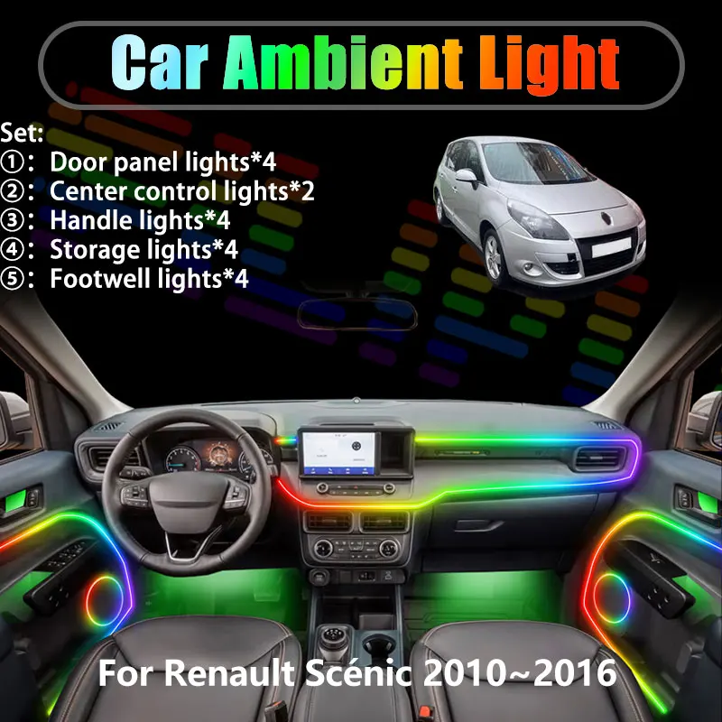 

Для Renault Scénic 2010~2016 X95 MK3 2011 2/18 в 1: Комплект светодиодной подсветки салона и багажника USB RGB с эффектом потока