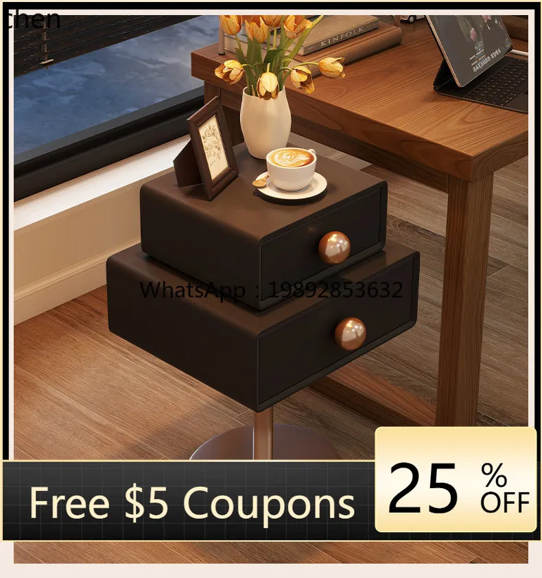 WW light luxury ° rotating solid wood bedside cabinet creative high-end leather bedside storage cabinet