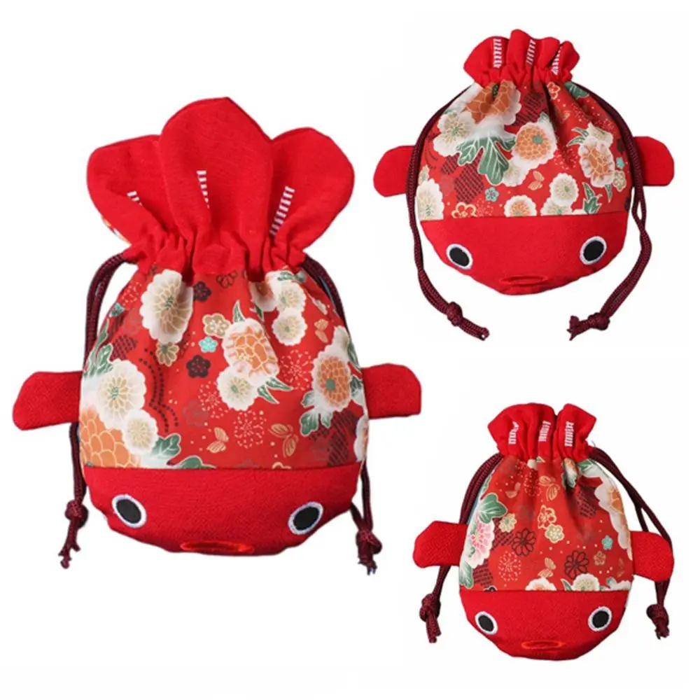 

Cartoon Animal Canvas Flower Drawstring Bag New Year Red Color Bag Gold Fish Shape Handbag Coin Purse Wrist Bag