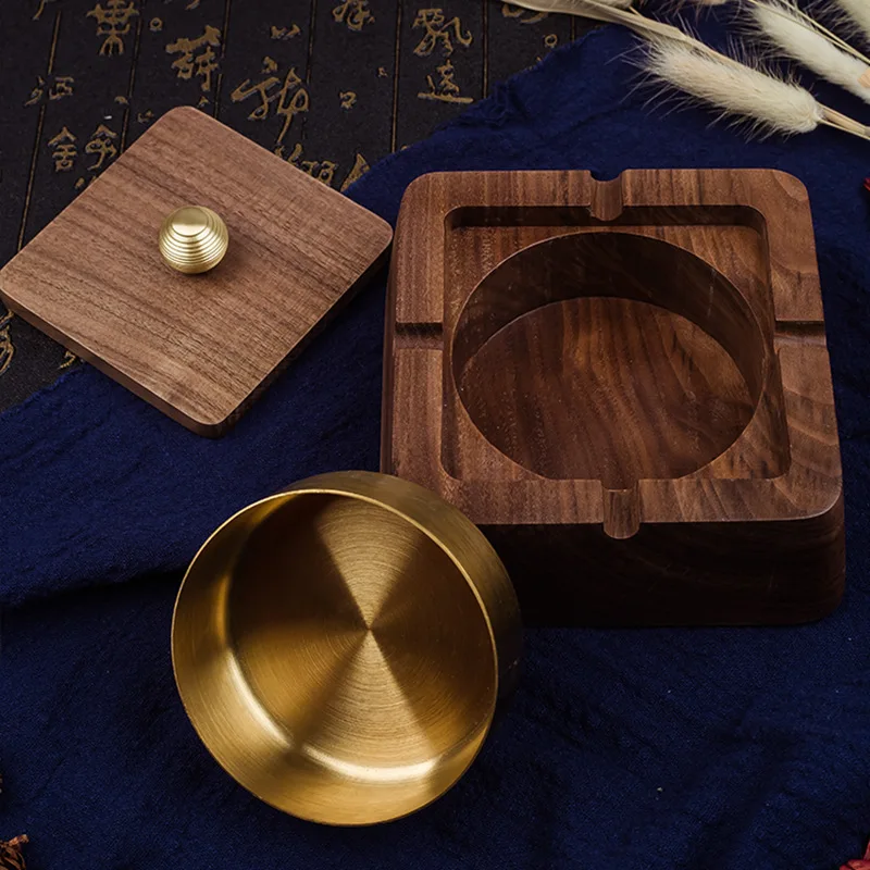 Black walnut solid wood ashtray for home living room with cover, anti fly ash creative office, high-end wooden ashtray