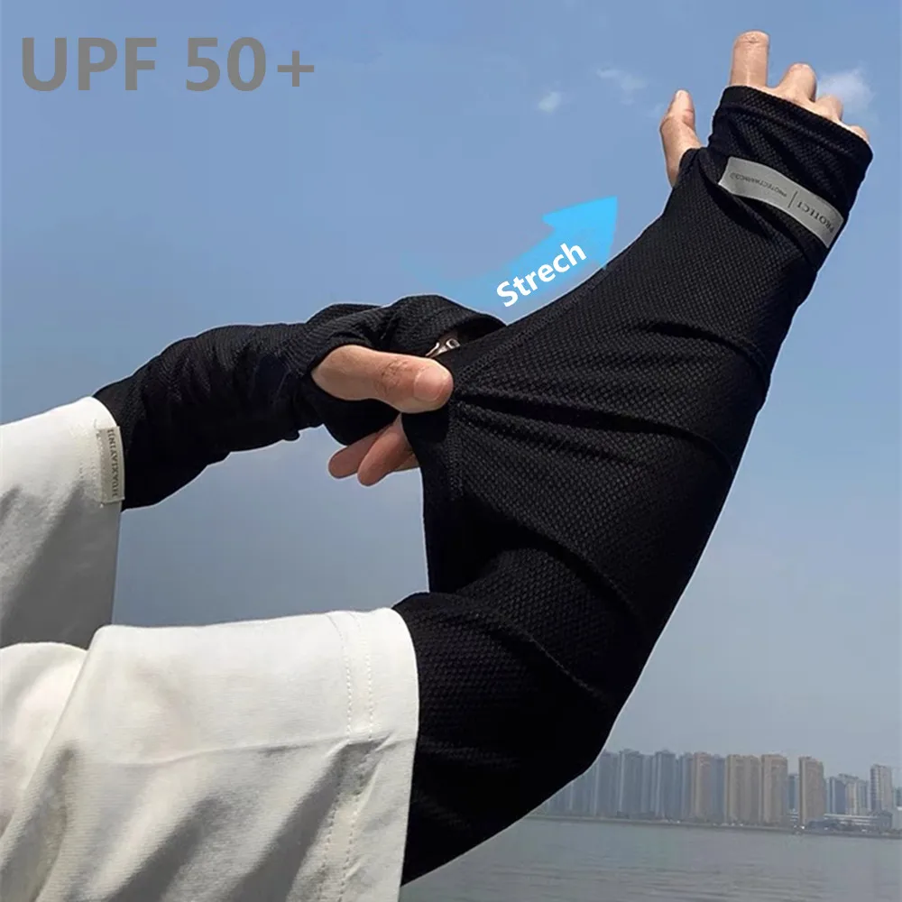 

1 Pair Mens Ice Arm Sleeves UV Protection Cycling Sleeves Sunscreen Elastic Sleeve Driving Gloves Sweat Absorbent Breathe Cool