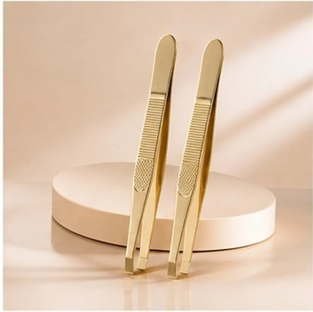 2Pcs Stainless Steel Eyebrow Tweezers Gold Plated Compact Precision Facial Hair Grooming Eyelash Tools Lash Tweezer Set