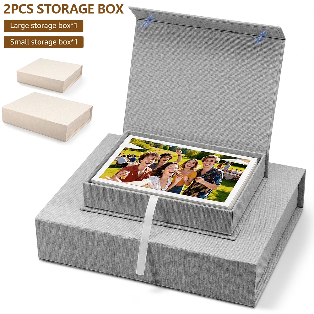 2Pcs Photo Storage Box Linen Memory Box with Lid Multi purpose Countertop Storage Box for Certificate Keepsake and Jewellery