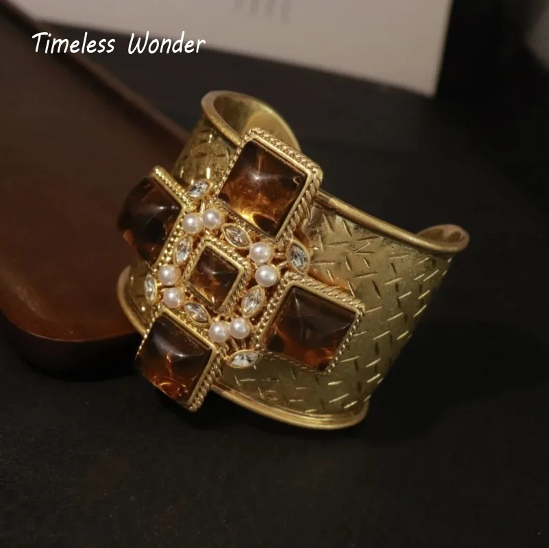 

Timeless Wonder Fancy Geo Glass Cross Cuff Bangles for Women Designer Jewelry Punk Goth Runway Luxury Top Party Rare Classy 4526