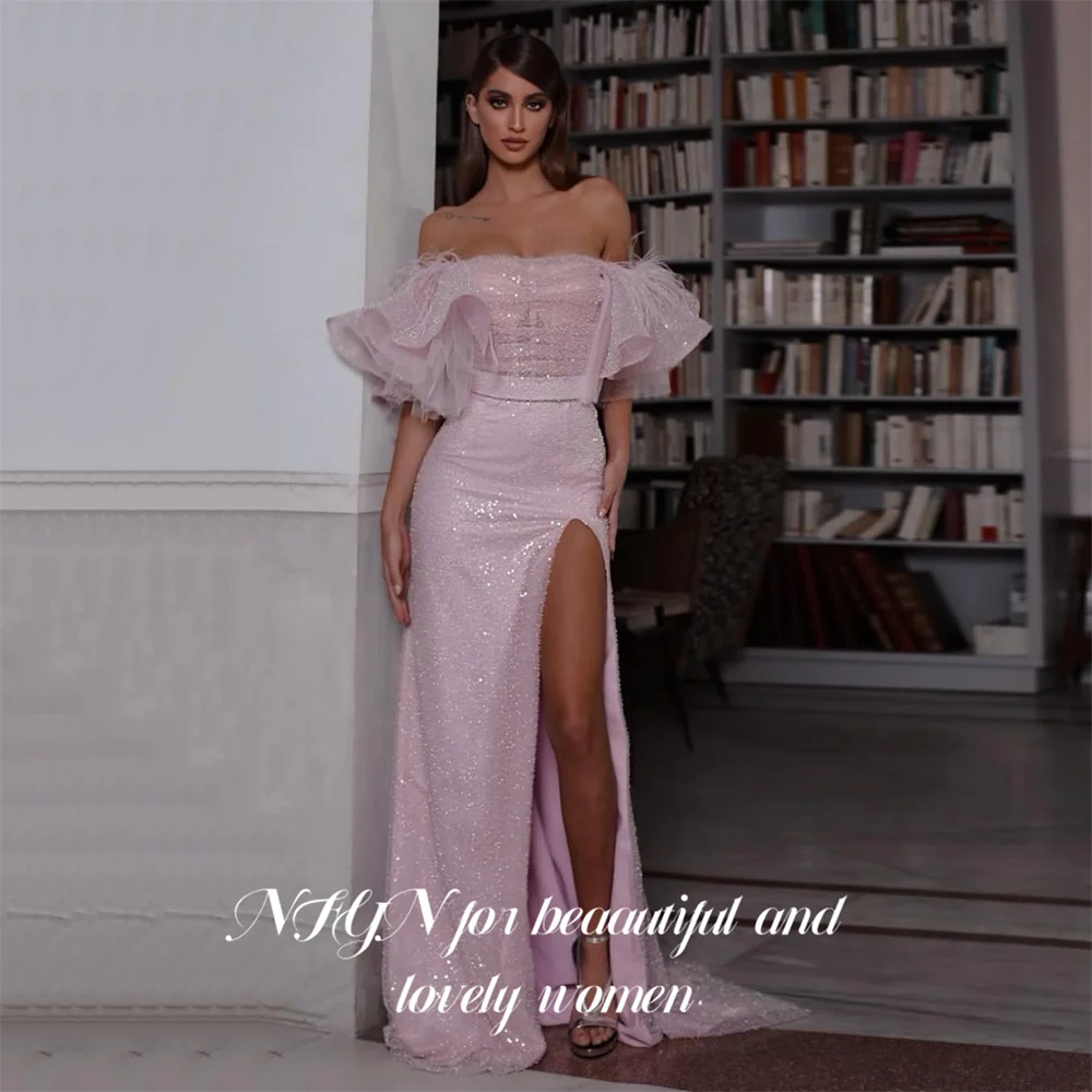 Nfyn luz rosa vestido de noite gliiter lantejoulas vestido de baile com penas vestido de noite de casamento fenda lateral robes de soirée personalizado