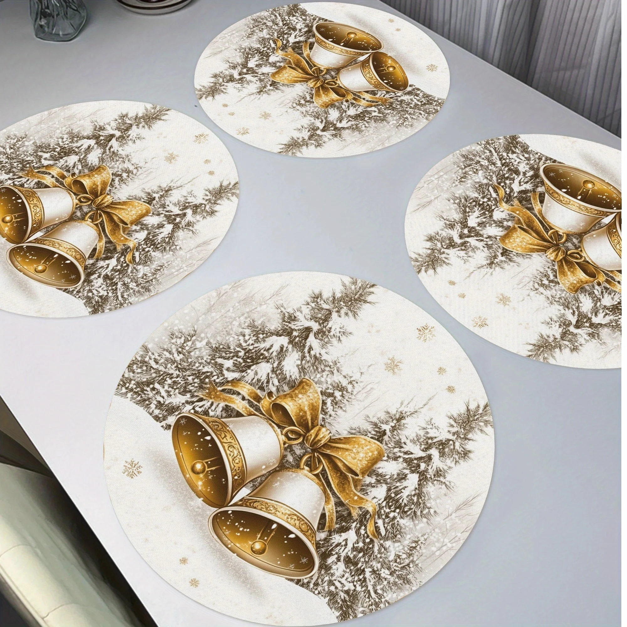VIKAMA Round Christmas Placemats Set Golden Bell Snowy Pine Linen Mats Heat Resistant Washable for Xmas Holiday Table Decor