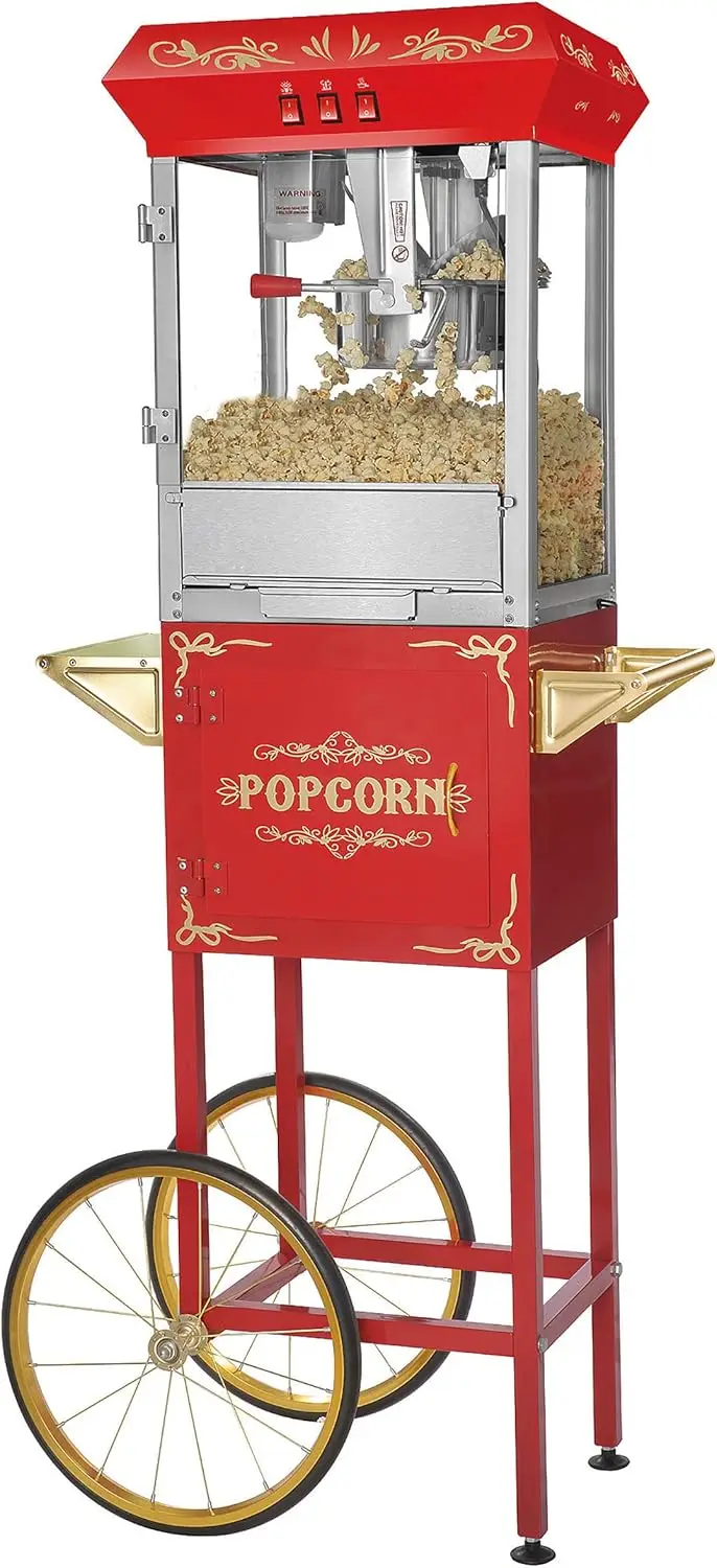 

Popcorn Machine W/ Cart 8oz Popper with Stainless-Steel Kettle, Warming Light, and Accessories, (Red) USA