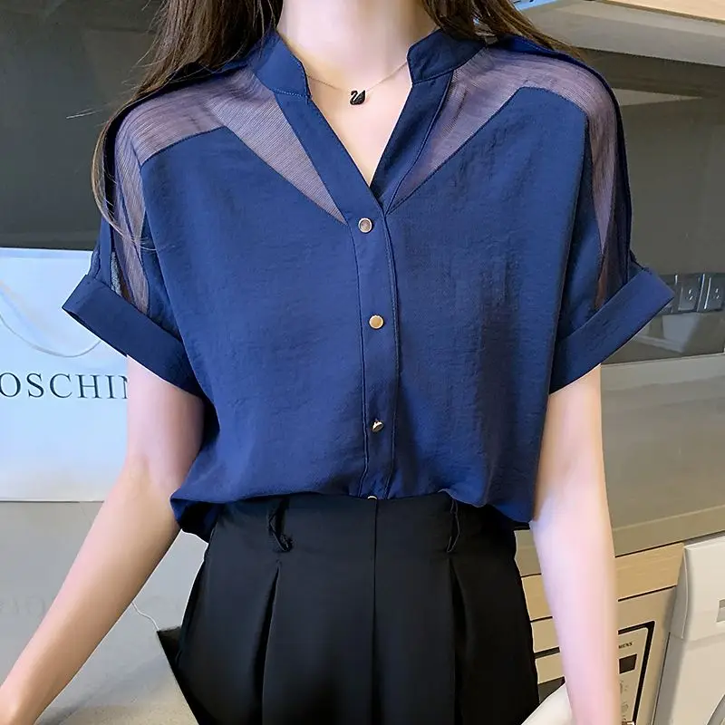 Casual Solid Color Commute Shirt Female Clothing Sheer Spliced Summer Fashion Single-breasted Elegant V-Neck Chiffon Blouse 2023