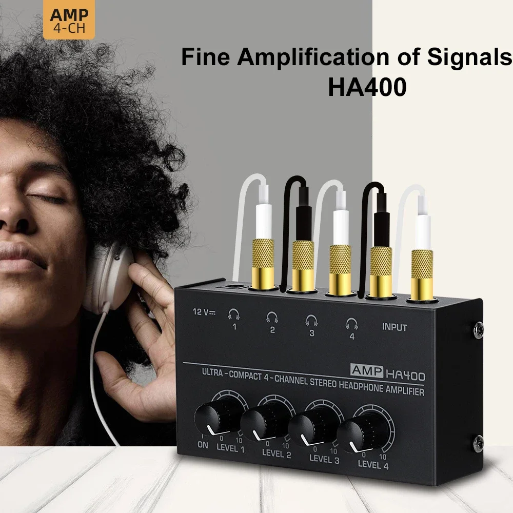 HA400 Amplificador de áudio estéreo ultra-compacto com adaptador de energia, 4 canais Headset, Amp fone de ouvido para música, 10MHz, UE