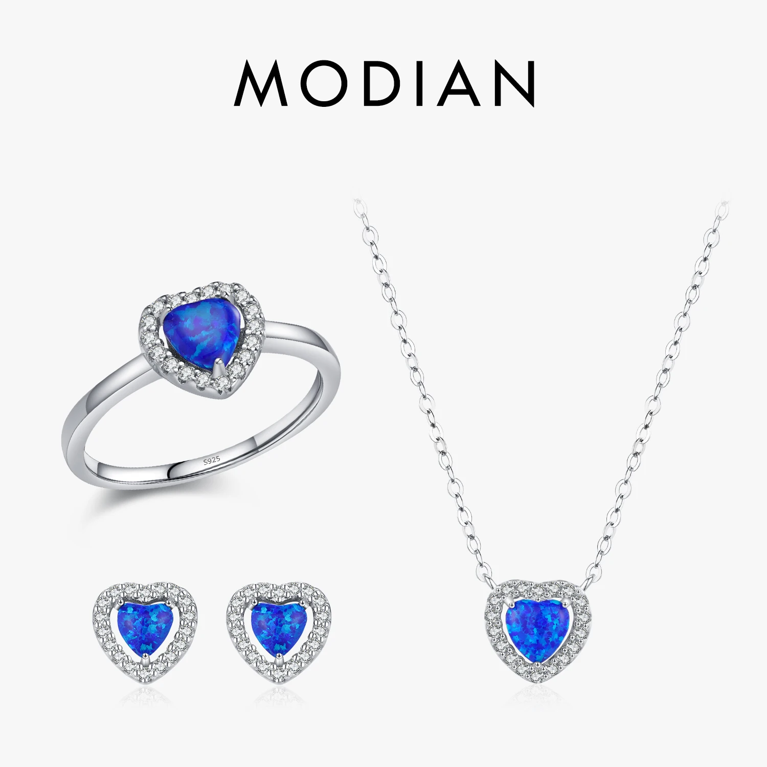 MODIAN 925 Sterling Silver Delicate Dark Blue Opals Necklace Rings Trendy Stud Earrings For Women Fine Jewelry Sets