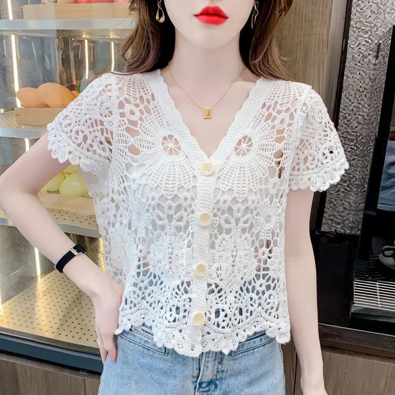 2024 Summer Women Hollow Knitted Short Sleeved Cardigan Women's Casual V-neck Sunscreen Cover Lace Shirts Tops