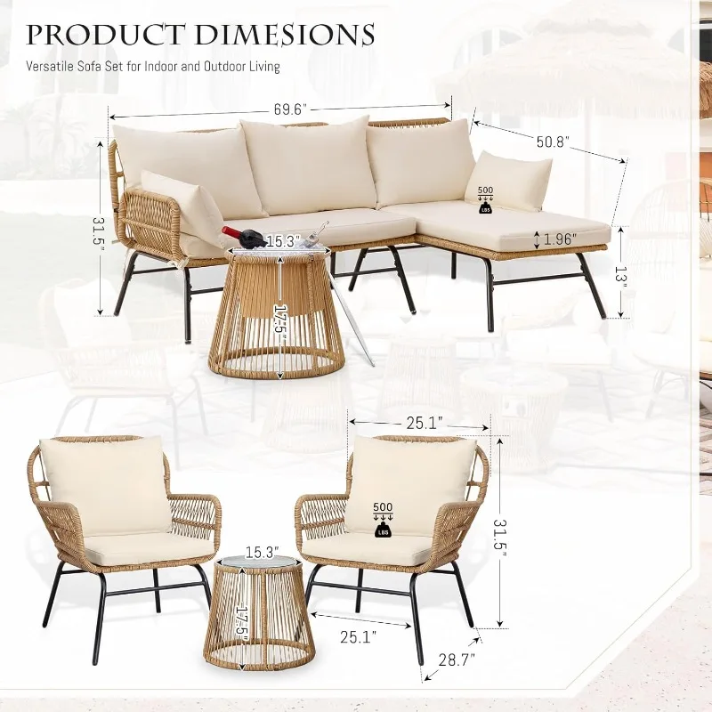 6 Pieces Boho Patio Furniture Sets, Small Outdoor Sectional Sofa Conversation Chair Set with Ice Bucket Table