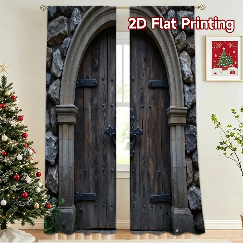 2D flat 2pcs Curtain Country Style Stone Arch Wooden Door Digitally printed polyester, colorfast Party & Holiday Decor for