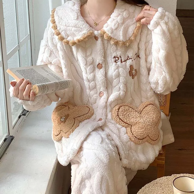 Pigiama cardigan in pile corallo carino da donna autunno e inverno Set pigiama in peluche addensato per ragazze studente caldo e confortevole pigiama