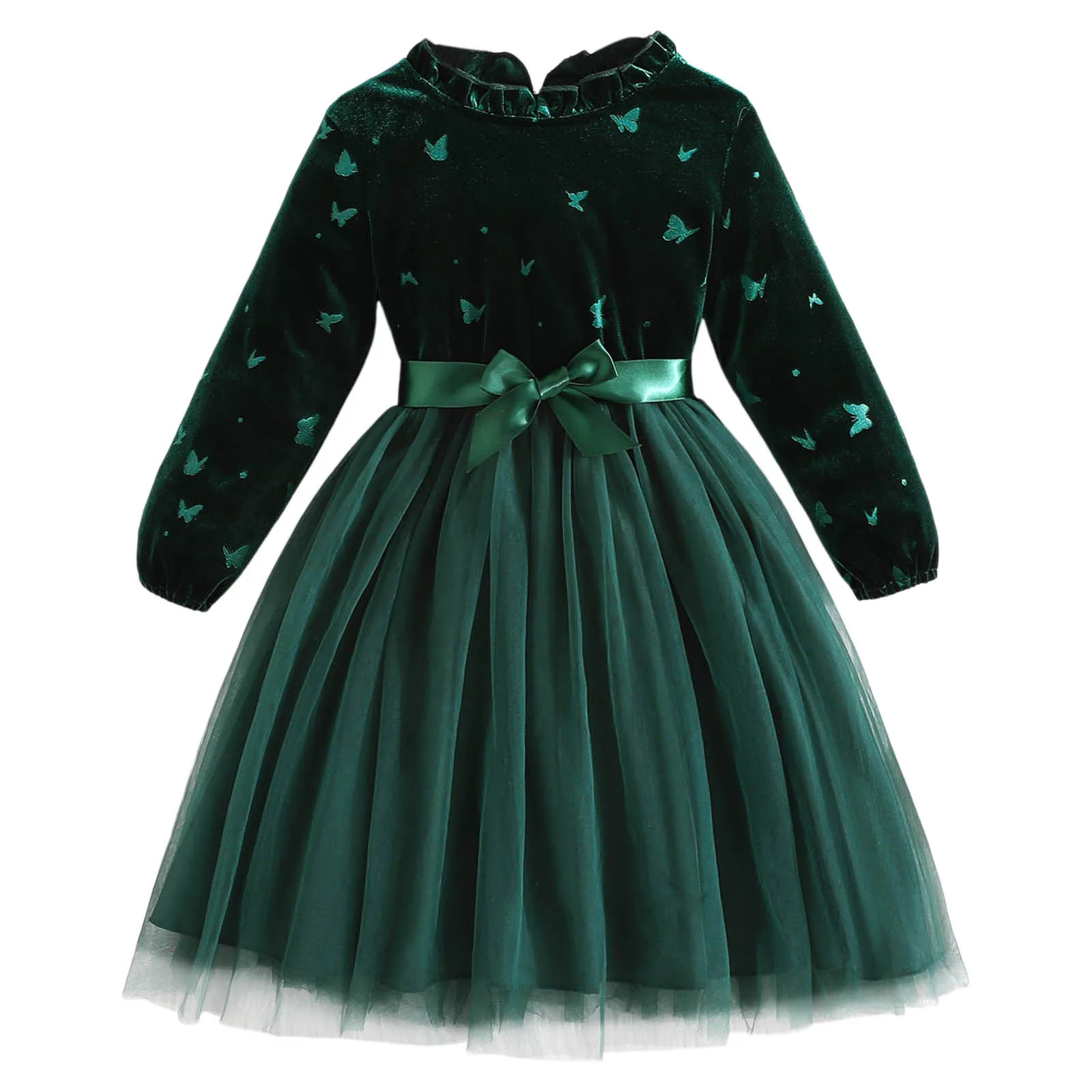 Baby Girls Meshchwork Long Sleeve Dresses Baby Girls Toddler Autumn Tops Green Bow Flower Print Baby Kids Dress For Girls Dress