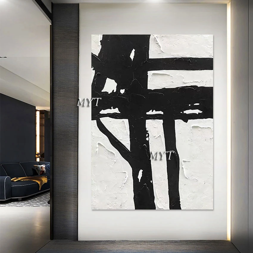 Modern Frameless Large Textured Abstract Black And White Paintings Wall Art Pictures For Luxury Hotels Decoration Artwork