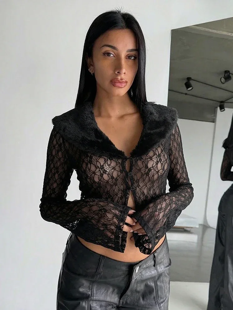 Weird Puss Patchwork Fur Collar Lace t-Shirt Women See Through Single-Breasted Full Sleeve v-Neck Skinny Sexy Midnight Crop Tops
