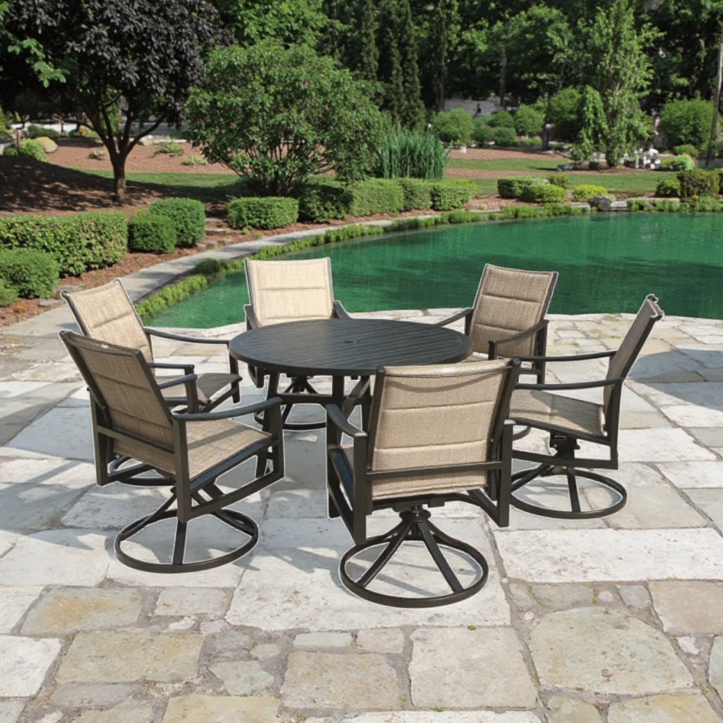

New Arrival 7pcs Modern Dining Set Padded Swivel Chairs Aluminum Table Set for Dining Kitchen Hotel Villa Outdoor Furniture