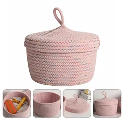 1Pc Desktop Small Storage Basket Round Cotton Rope Woven Basket Lid Home Organizing Box Decorative Woven Storage Bin