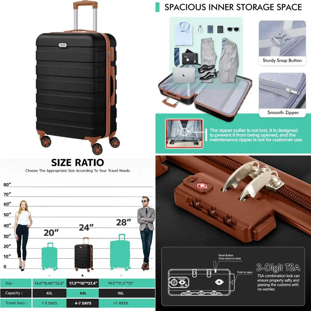 

Легкий чемодан из твердой древесины из АБС-пластика с 4 универсальными колесами и замком TSA — средний размер 24 дюйма, черно-коричневый для путешествий