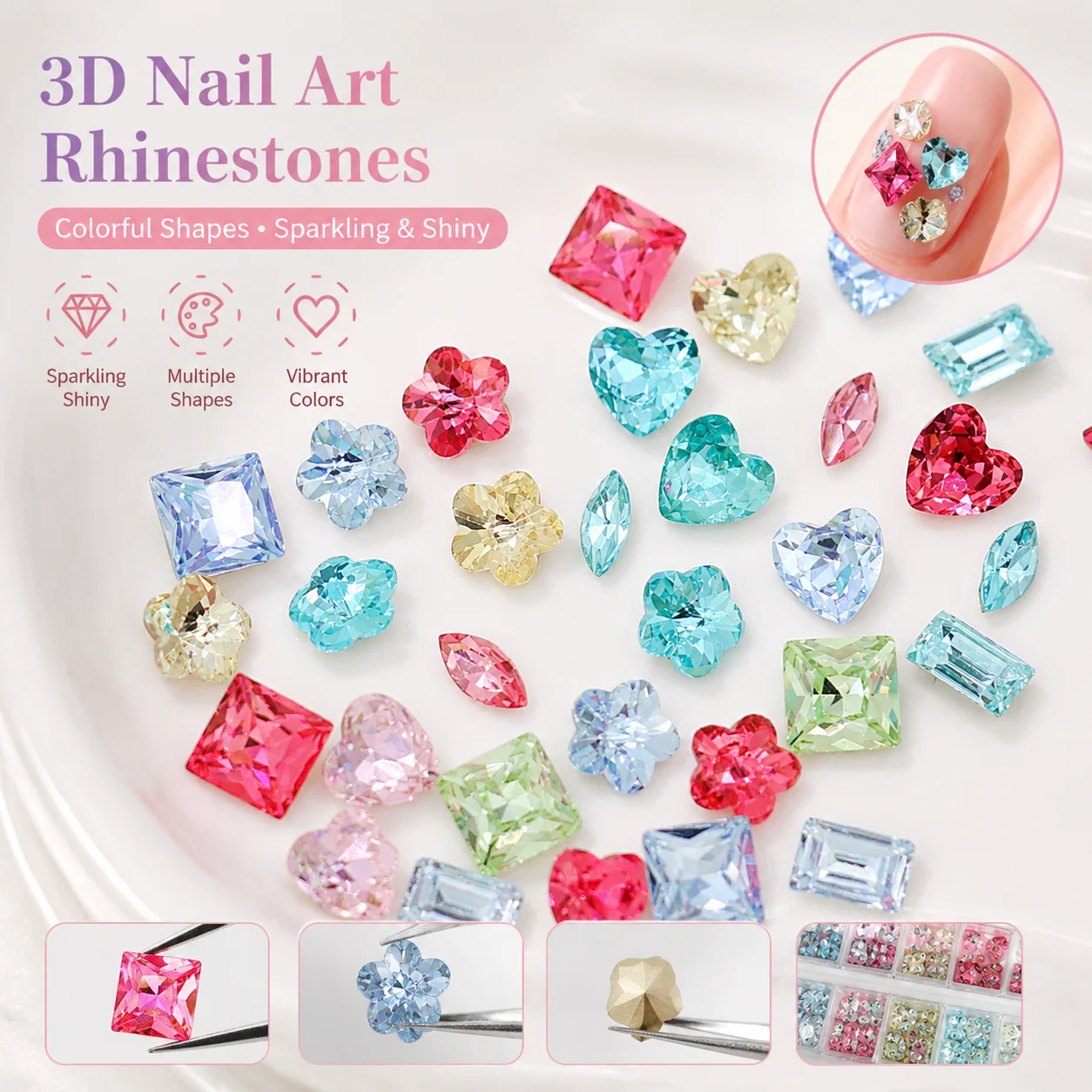 5pcs 3D Nail Rhinestones Crystal Gems Multiple Shapes Heart Square Nail Art Decoration Pointed Back Diamond Charm DIY Manicure