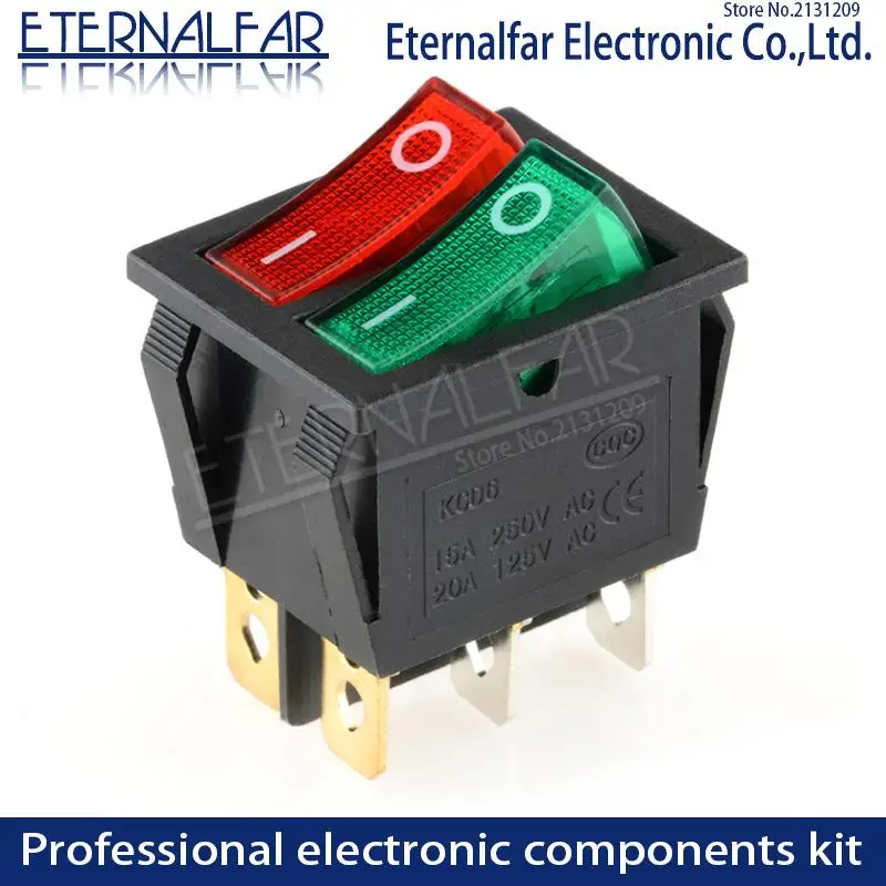 Interruptor basculante KCD6 de 16A y 250V de CA, interruptor de barco de 6 pines con lámpara de encendido y apagado, calentador eléctrico verde de