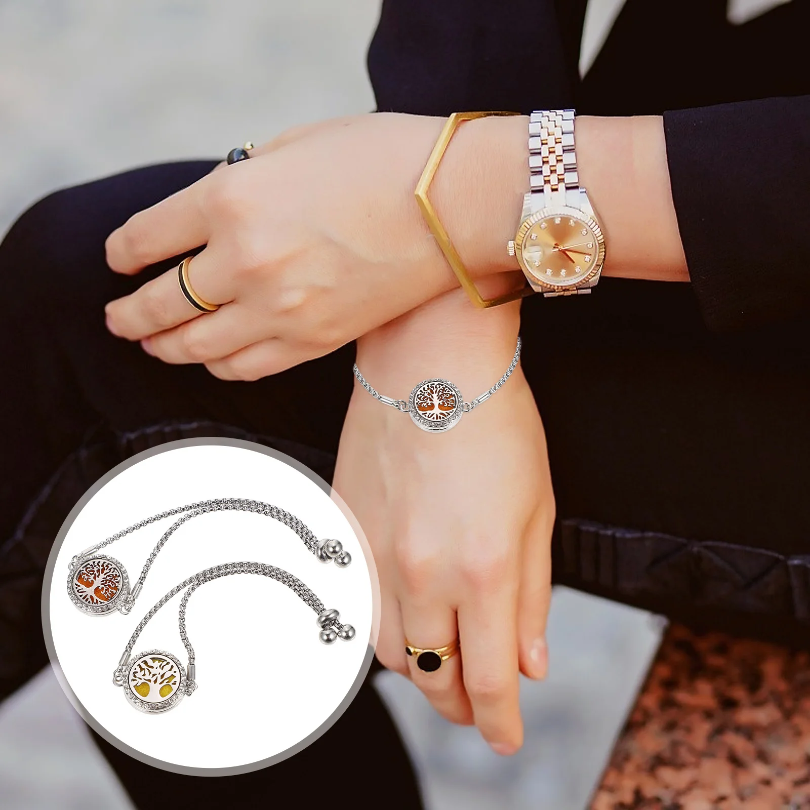 

2Pcs Essential Oil Diffuser Bracelets Hollow-Out Tree of Life Pattern Adjustable Aroma Jewelry Decorative Gift for Her