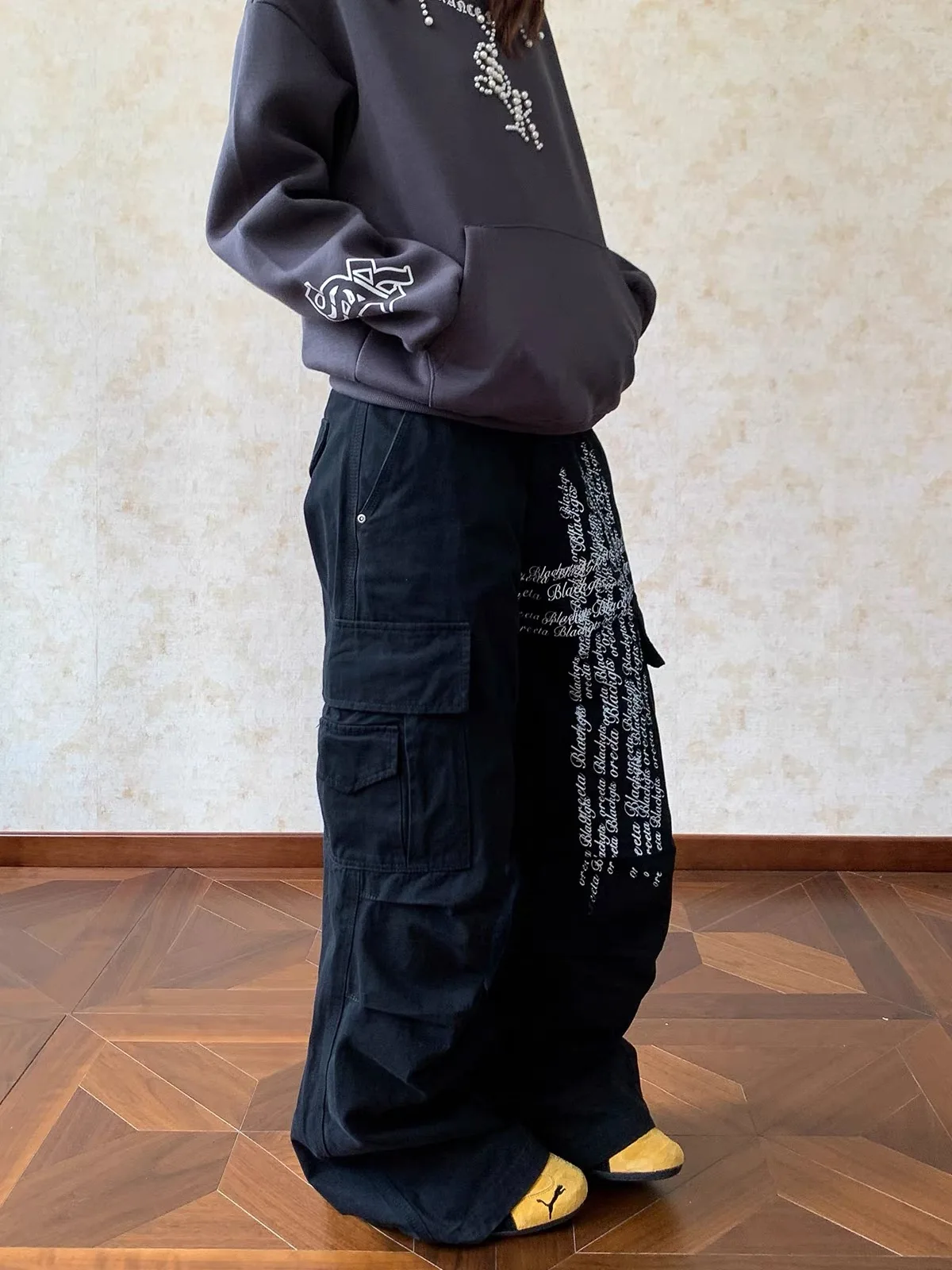 

American Retro Pleated Letter Print Work Pants Loose Straight Dance Casual Trousers ex Design Summer Polyester Fiber