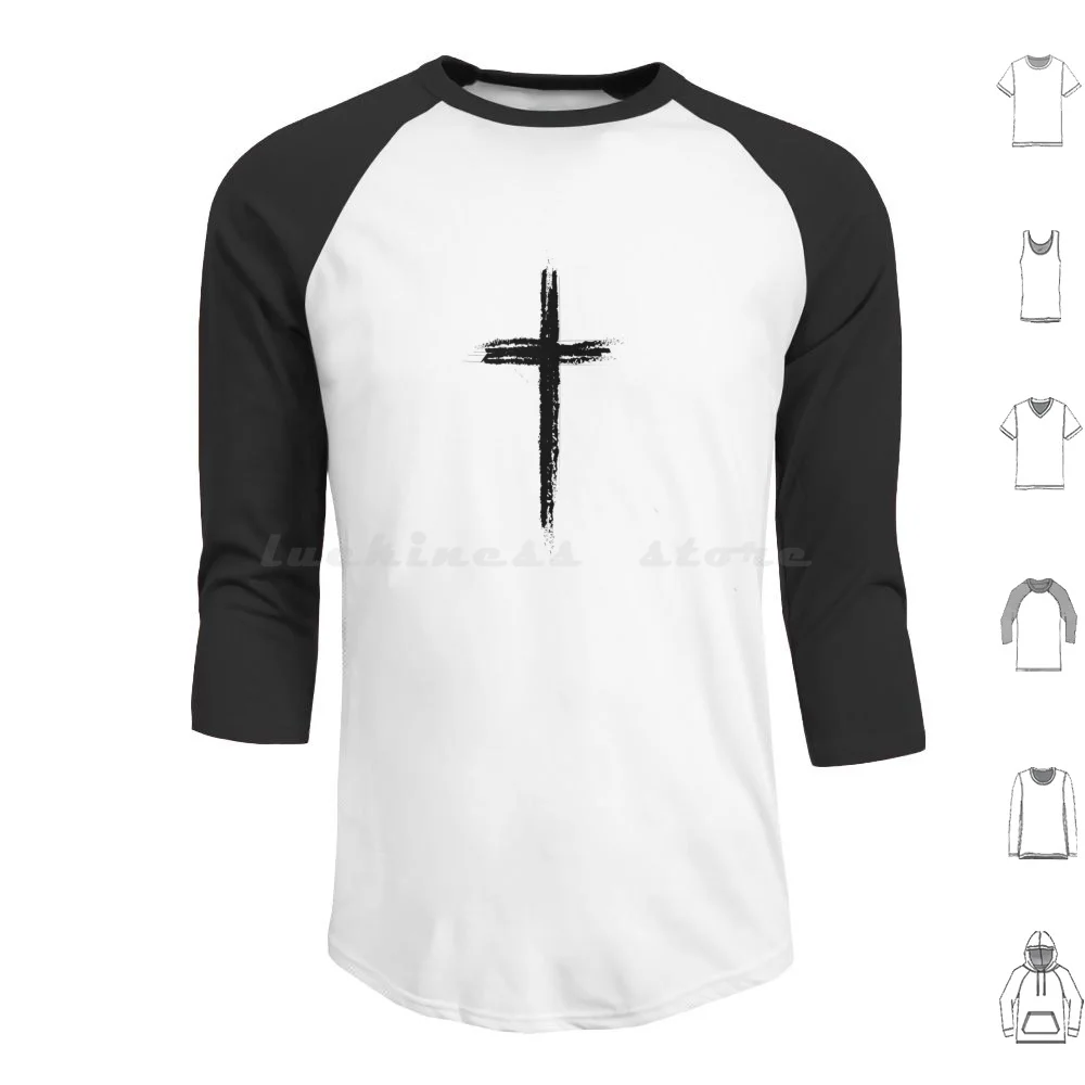 Black Christian Cross-Minimalist Artistic Lines Hoodies Long Sleeve Cross Christian Symbol Black Cross Small Christian