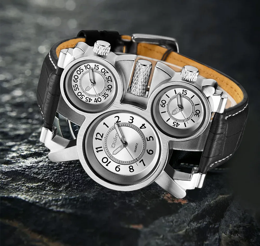 

Olum Creative Multi-time Zone Men's Quartz Watch with Irregular Dial Leather Strap Fashion Sports Reloj