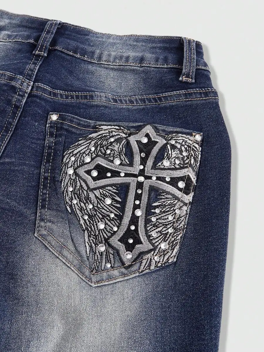 

Women Embroidered Cross Wing Denim Jeans