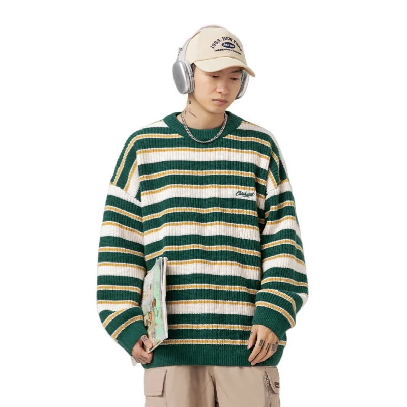 Autumn Winter Men's Retro Contrasting Striped Embroidery Sweater Loose Fit Casual Round Neck Knitted Pullover Sweater Jacket