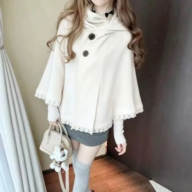 Women Vintage Cape Coat Fall Winter New Japanese Elegant Lady Y2K Hooded Lace Cloak Poncho Outer Top Aesthetic Short Outerwear