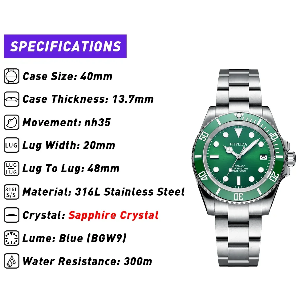 PHYLIDA 300M Resistente à Água 40mm Relógio Mergulhador Verde Masculino Movimento Automático nh35 Cristal de Safira SUB