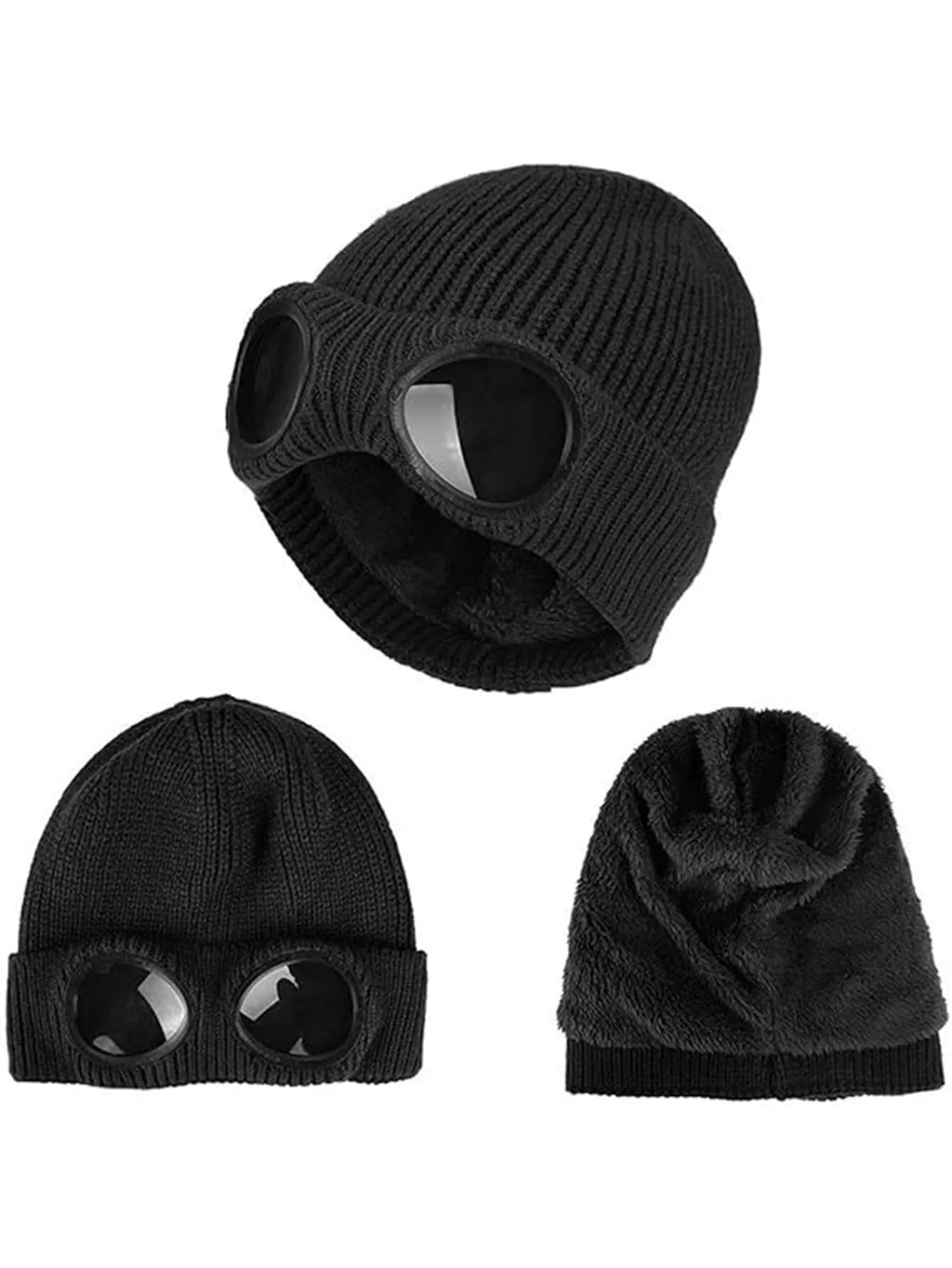 Unisex Goggle Knitted Beanie Hat Windproof Warm Winter Skull Cap Plush for warmth and comfort Sports hat pilot hat with sunglass